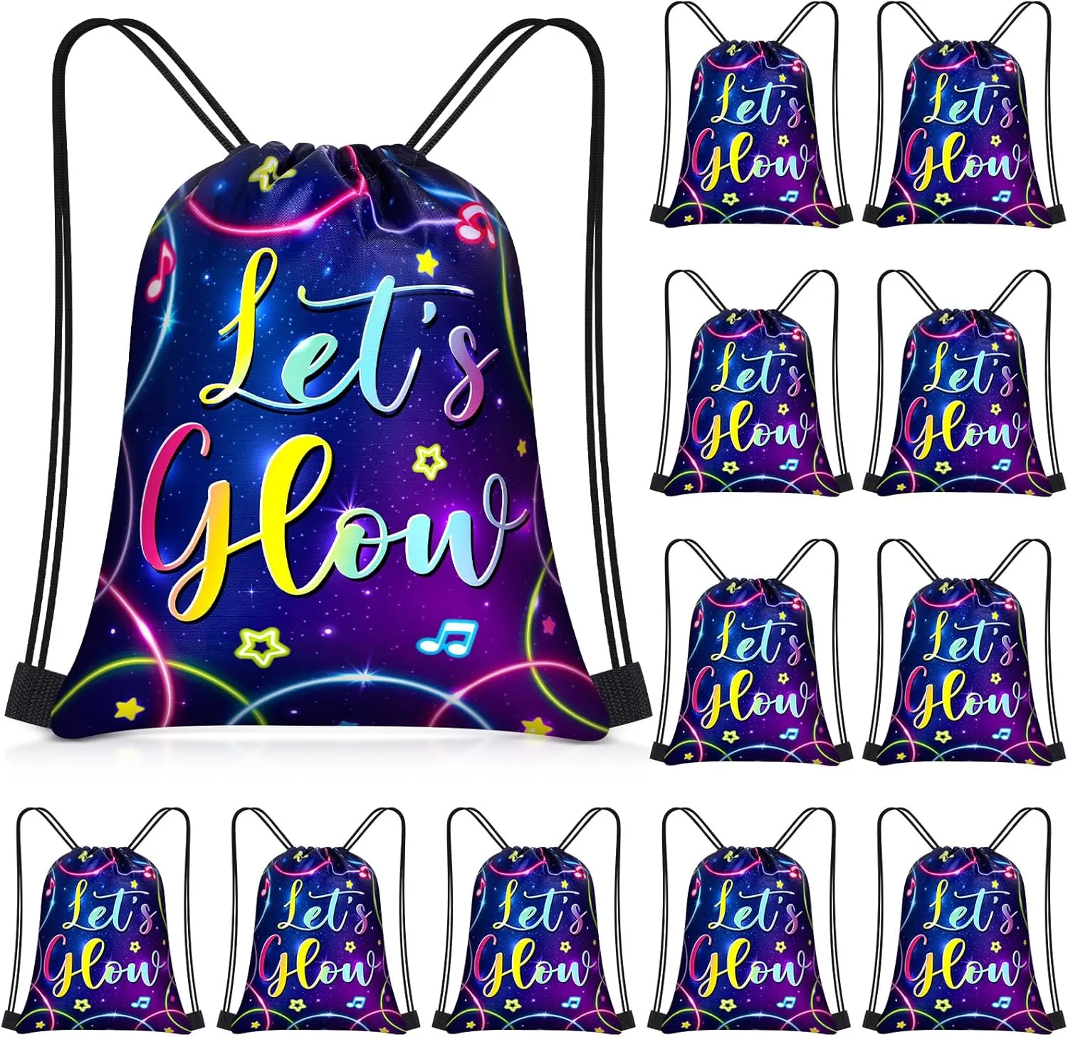 Censen 24 Pcs Let's Glow Drawstring Bags Set Bulk 12 x 10 Inch low Party Favor Bags Neon Birthday Party Supplies for Kids Gift Party Supplies