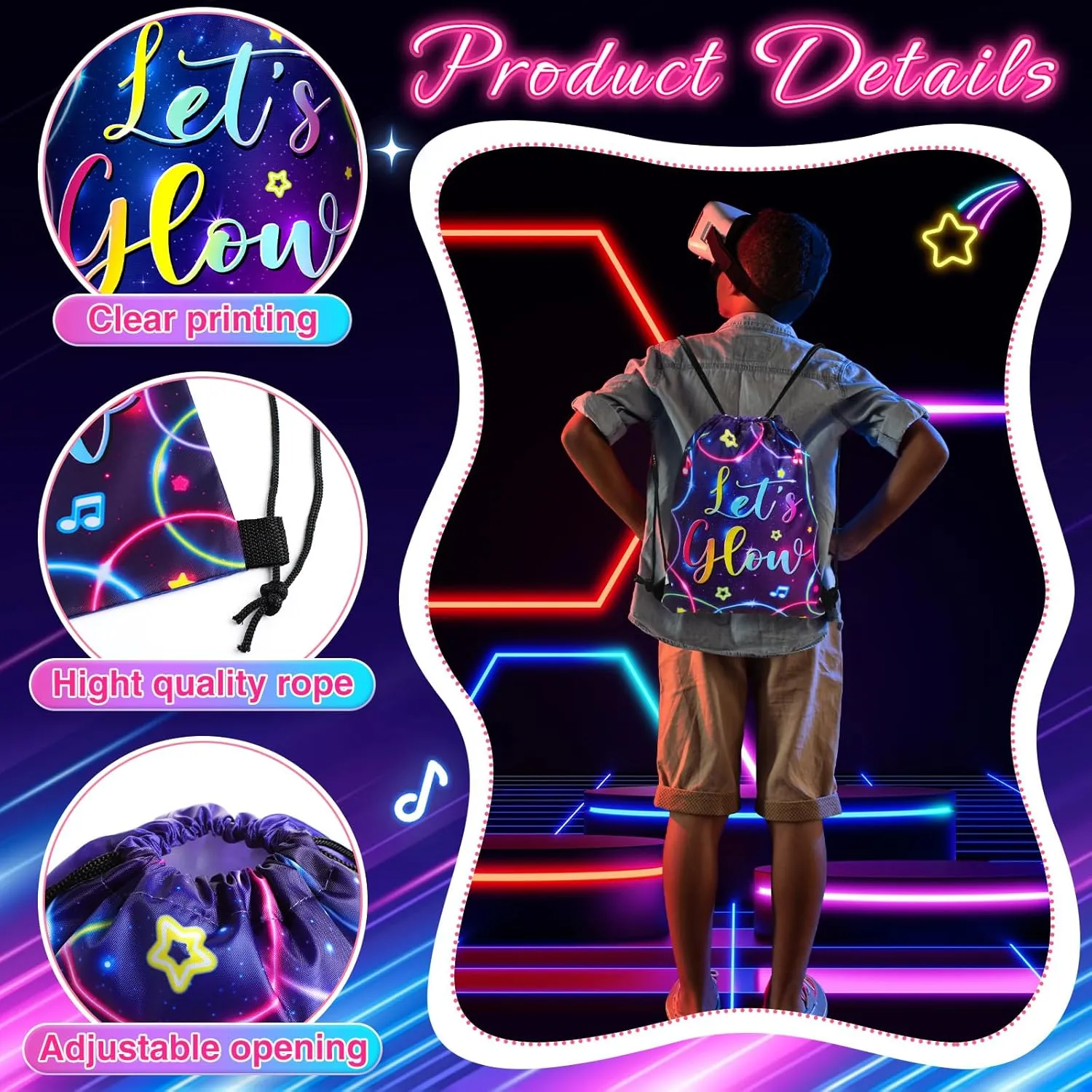 Censen 24 Pcs Let's Glow Drawstring Bags Set Bulk 12 x 10 Inch low Party Favor Bags Neon Birthday Party Supplies for Kids Gift Party Supplies
