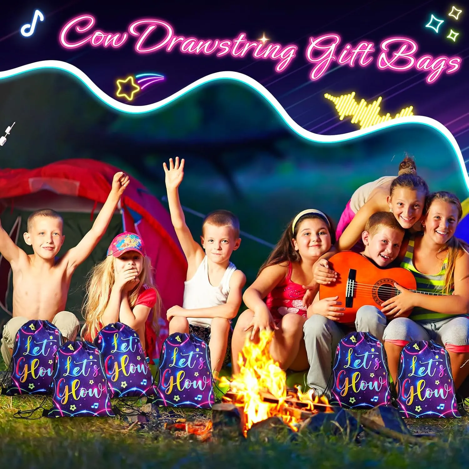 Censen 24 Pcs Let's Glow Drawstring Bags Set Bulk 12 x 10 Inch low Party Favor Bags Neon Birthday Party Supplies for Kids Gift Party Supplies