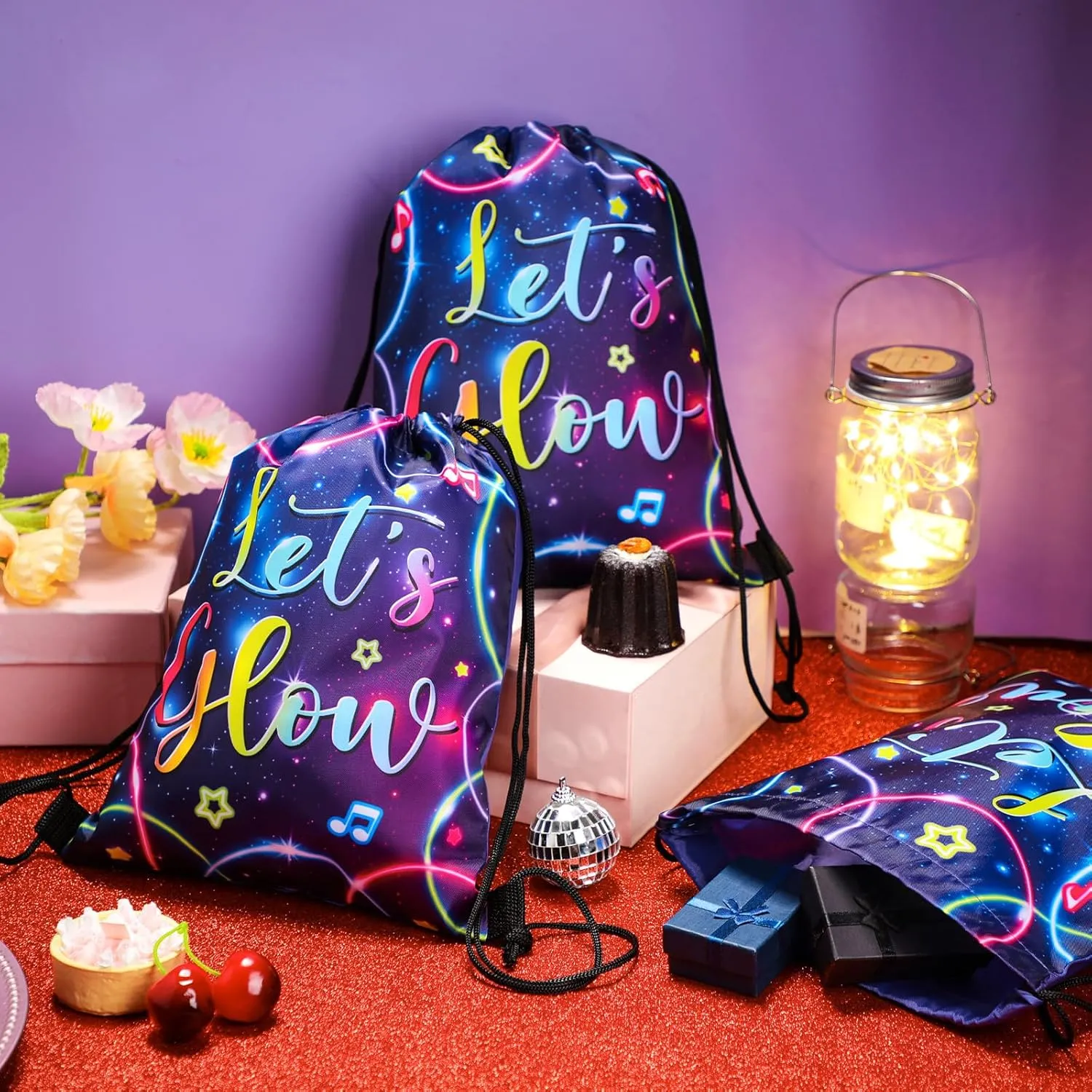 Censen 24 Pcs Let's Glow Drawstring Bags Set Bulk 12 x 10 Inch low Party Favor Bags Neon Birthday Party Supplies for Kids Gift Party Supplies