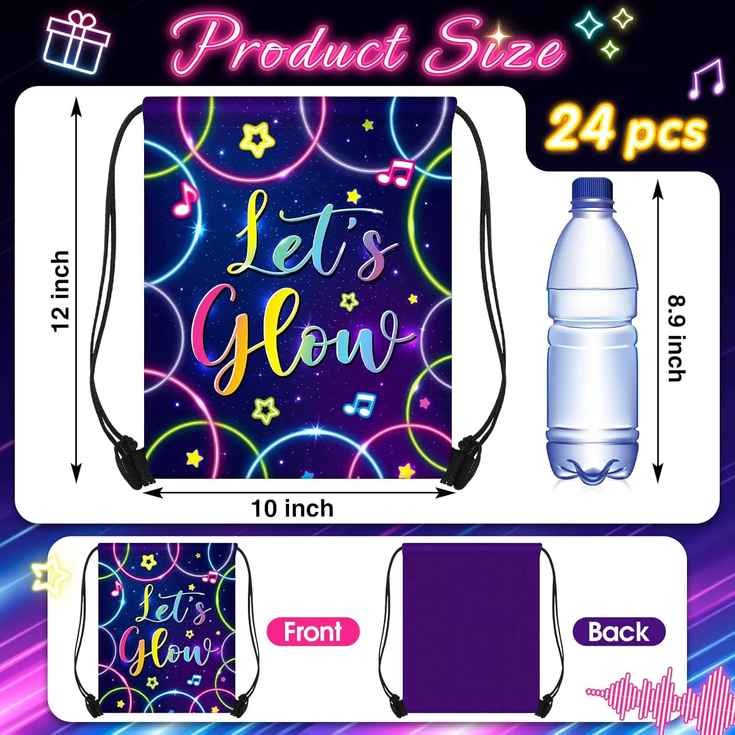 Censen 24 Pcs Let's Glow Drawstring Bags Set Bulk 12 x 10 Inch low Party Favor Bags Neon Birthday Party Supplies for Kids Gift Party Supplies