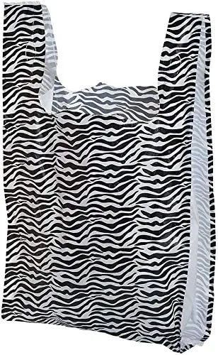 Charm Your Prince 100 Zebra PRINT Disposable Plastic T-Shirt Shopping Gift Bags with Handles by CYP - Small - 8" x 5" x 16"