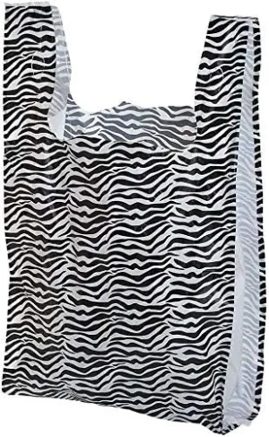 Charm Your Prince 100 Zebra PRINT Disposable Plastic T-Shirt Shopping Gift Bags with Handles by CYP - Small - 8" x 5" x 16"