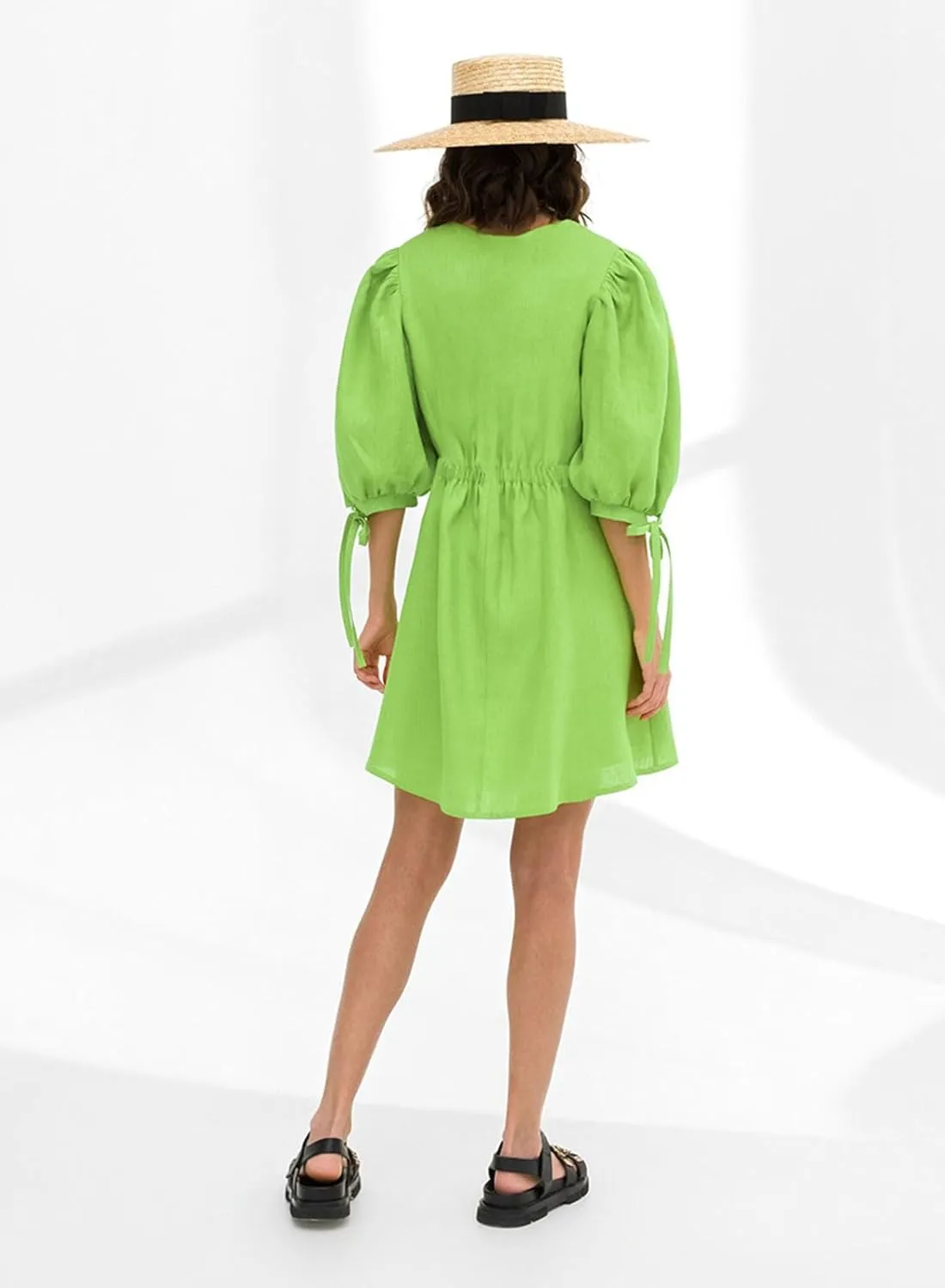 CHARTOU Women Puff Sleeve Short Dress Cotton Linen V Neck A Line Elastic High Waist Lace Up Vacation Dress