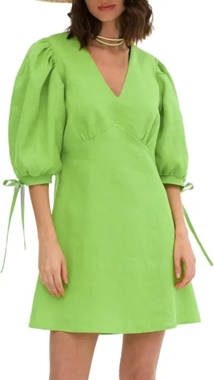 CHARTOU Women Puff Sleeve Short Dress Cotton Linen V Neck A Line Elastic High Waist Lace Up Vacation Dress