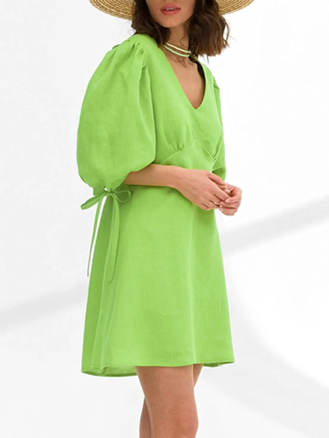 CHARTOU Women Puff Sleeve Short Dress Cotton Linen V Neck A Line Elastic High Waist Lace Up Vacation Dress