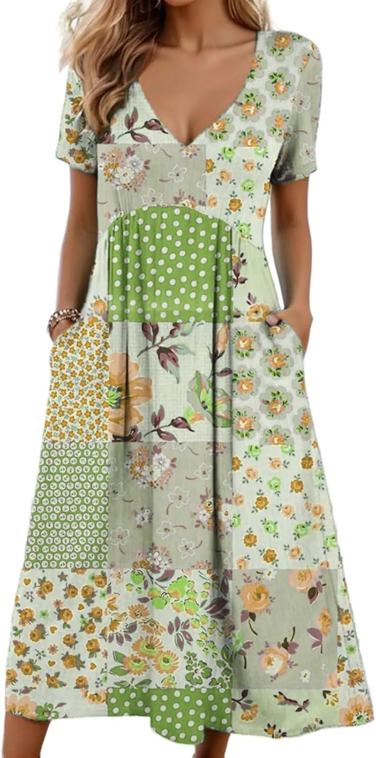 CHARTOU Women V Neck Boho Floral Patchwork Dress Beach Short Sleeve Cinched Loose Tunic Dress