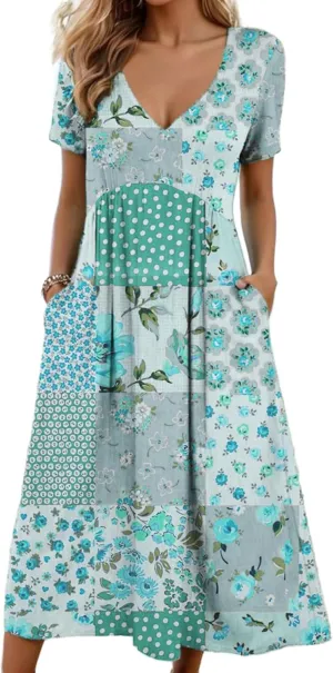 CHARTOU Women V Neck Boho Floral Patchwork Dress Beach Short Sleeve Cinched Loose Tunic Dress