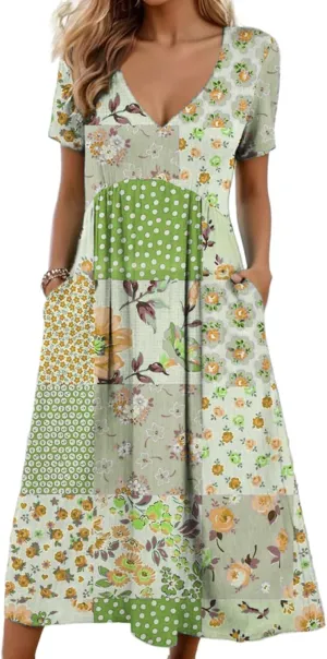 CHARTOU Women V Neck Boho Floral Patchwork Dress Beach Short Sleeve Cinched Loose Tunic Dress