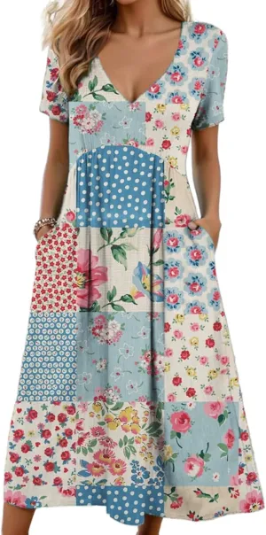 CHARTOU Women V Neck Boho Floral Patchwork Dress Beach Short Sleeve Cinched Loose Tunic Dress