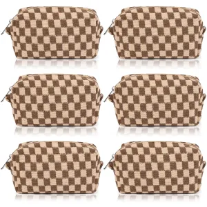 Checkered Makeup Bag Preppy Cosmetic Bag Bulk Brown Makeup Pouch Personalize Travel Toiletry Bag Organizer Cute DIY Makeup Brushes Storage Bag for Women