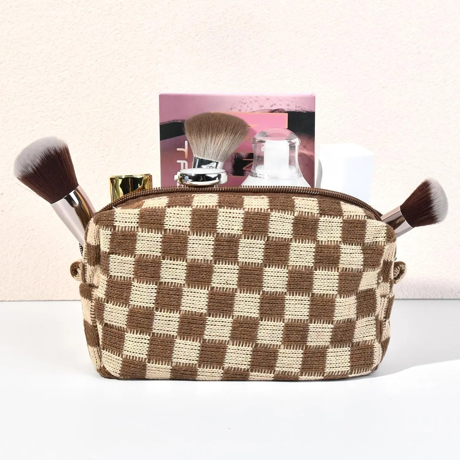Checkered Makeup Bag Preppy Cosmetic Bag Bulk Brown Makeup Pouch Personalize Travel Toiletry Bag Organizer Cute DIY Makeup Brushes Storage Bag for Women