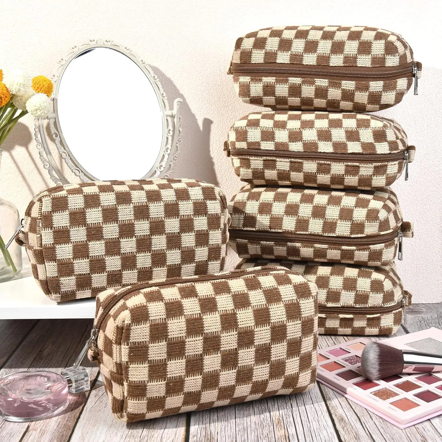 Checkered Makeup Bag Preppy Cosmetic Bag Bulk Brown Makeup Pouch Personalize Travel Toiletry Bag Organizer Cute DIY Makeup Brushes Storage Bag for Women