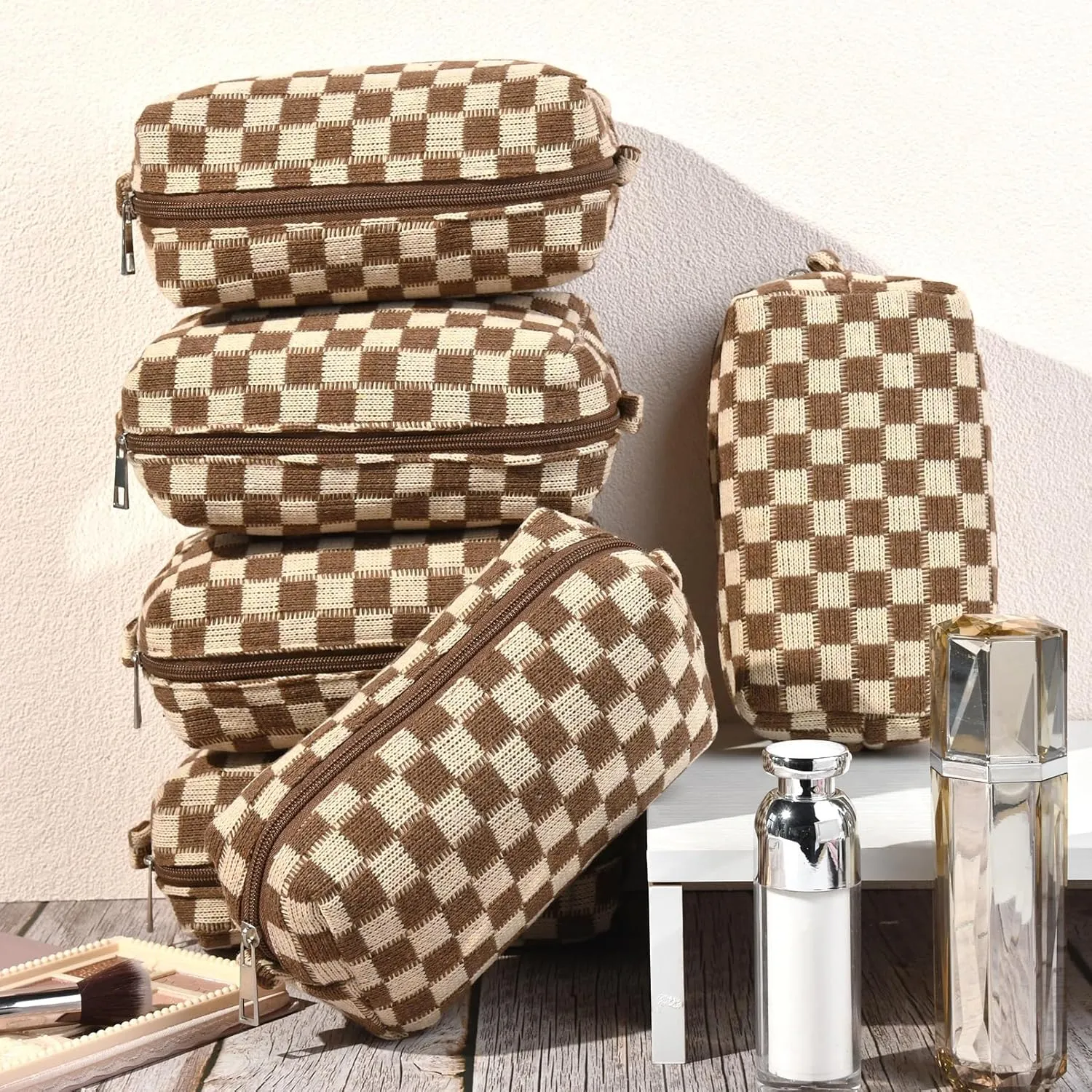 Checkered Makeup Bag Preppy Cosmetic Bag Bulk Brown Makeup Pouch Personalize Travel Toiletry Bag Organizer Cute DIY Makeup Brushes Storage Bag for Women
