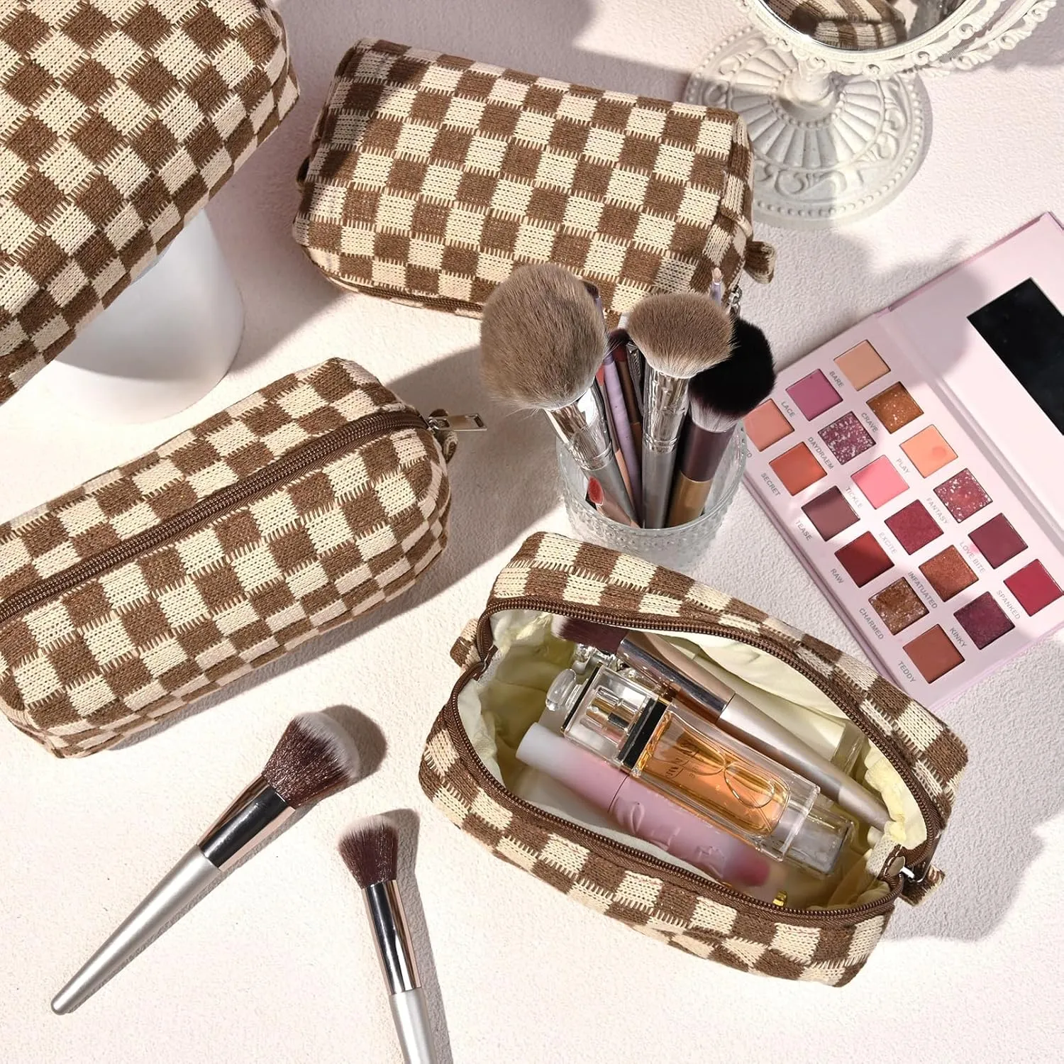Checkered Makeup Bag Preppy Cosmetic Bag Bulk Brown Makeup Pouch Personalize Travel Toiletry Bag Organizer Cute DIY Makeup Brushes Storage Bag for Women