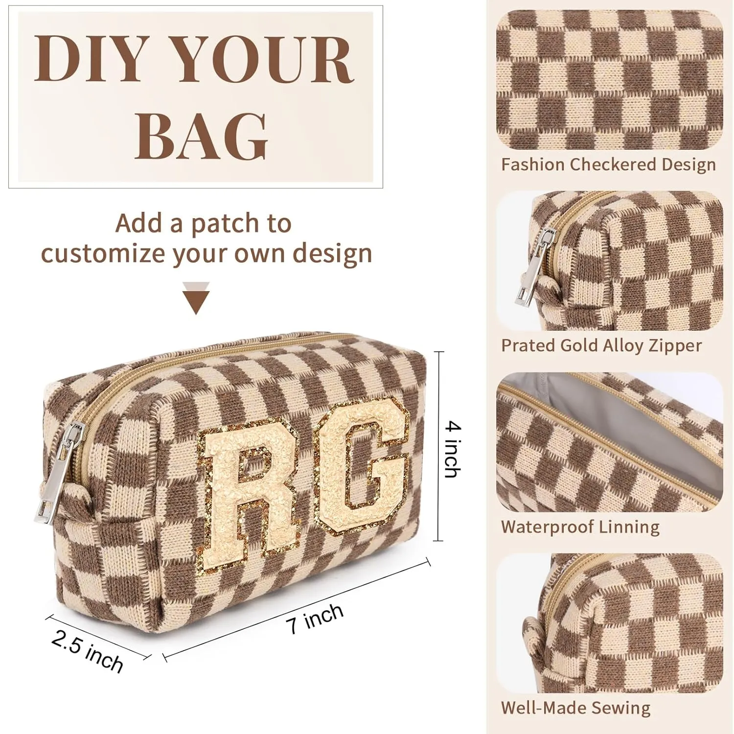 Checkered Makeup Bag Preppy Cosmetic Bag Bulk Brown Makeup Pouch Personalize Travel Toiletry Bag Organizer Cute DIY Makeup Brushes Storage Bag for Women