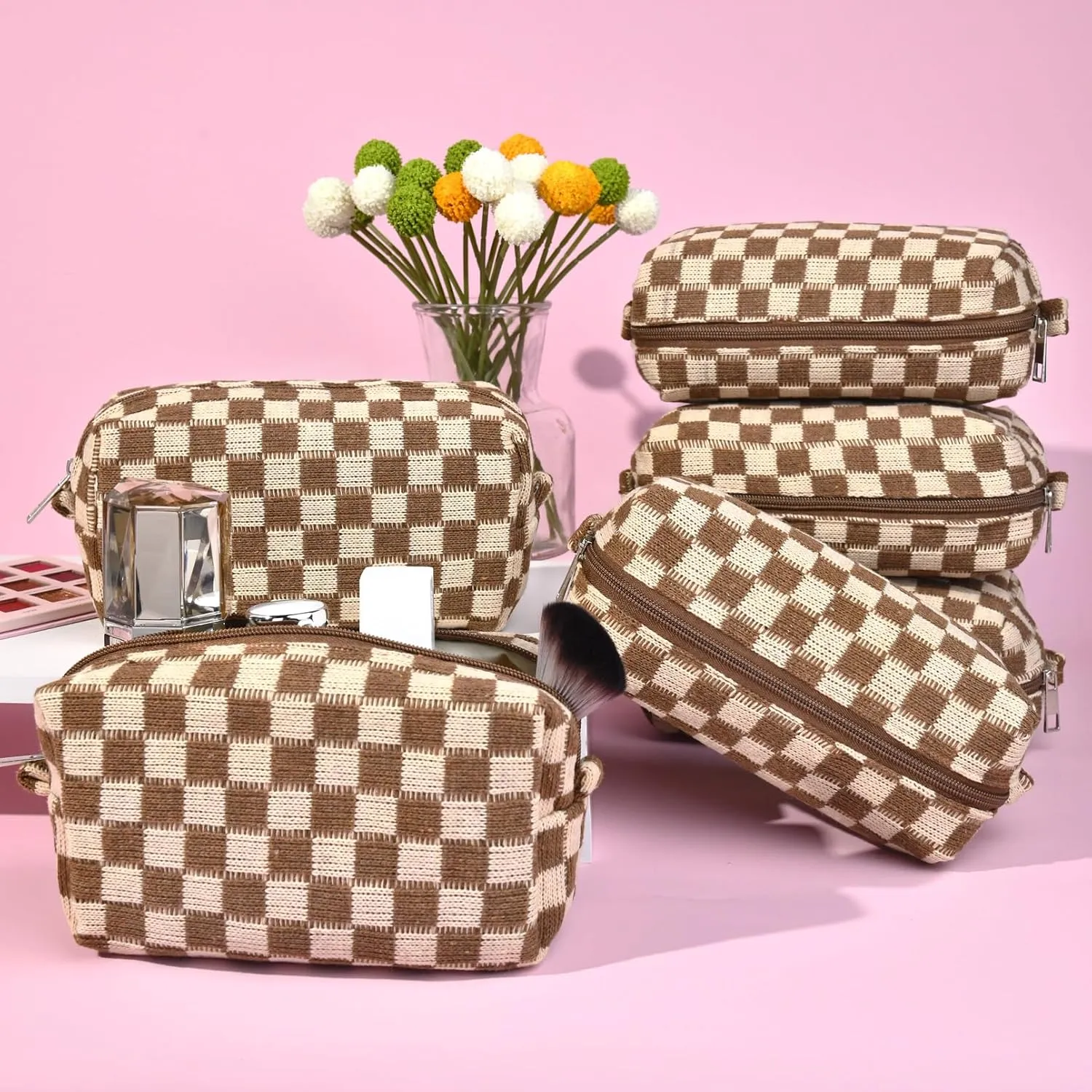 Checkered Makeup Bag Preppy Cosmetic Bag Bulk Brown Makeup Pouch Personalize Travel Toiletry Bag Organizer Cute DIY Makeup Brushes Storage Bag for Women