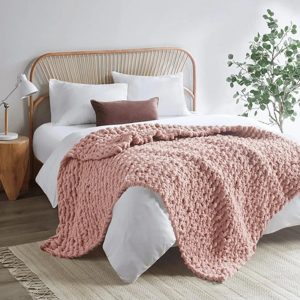 Chenille Handmade Chunky Knit Throw Blanket in Ivory