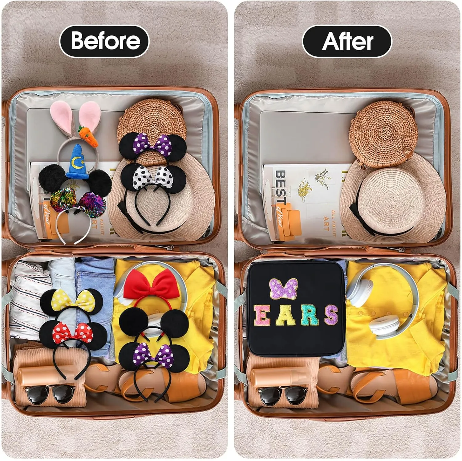 Chenille Letter Bow Mouse Ears Travel Case, Park Ears Headband Holder Hair Accessories Organizer Bag for Girls Women Kids Adults, Large Makeup Bag Snack Bags with Zipper for Travel Picnic - Black