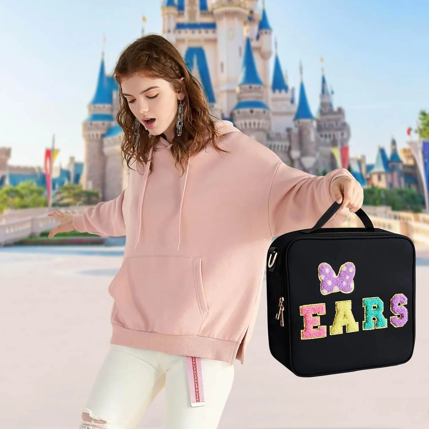 Chenille Letter Bow Mouse Ears Travel Case, Park Ears Headband Holder Hair Accessories Organizer Bag for Girls Women Kids Adults, Large Makeup Bag Snack Bags with Zipper for Travel Picnic - Black