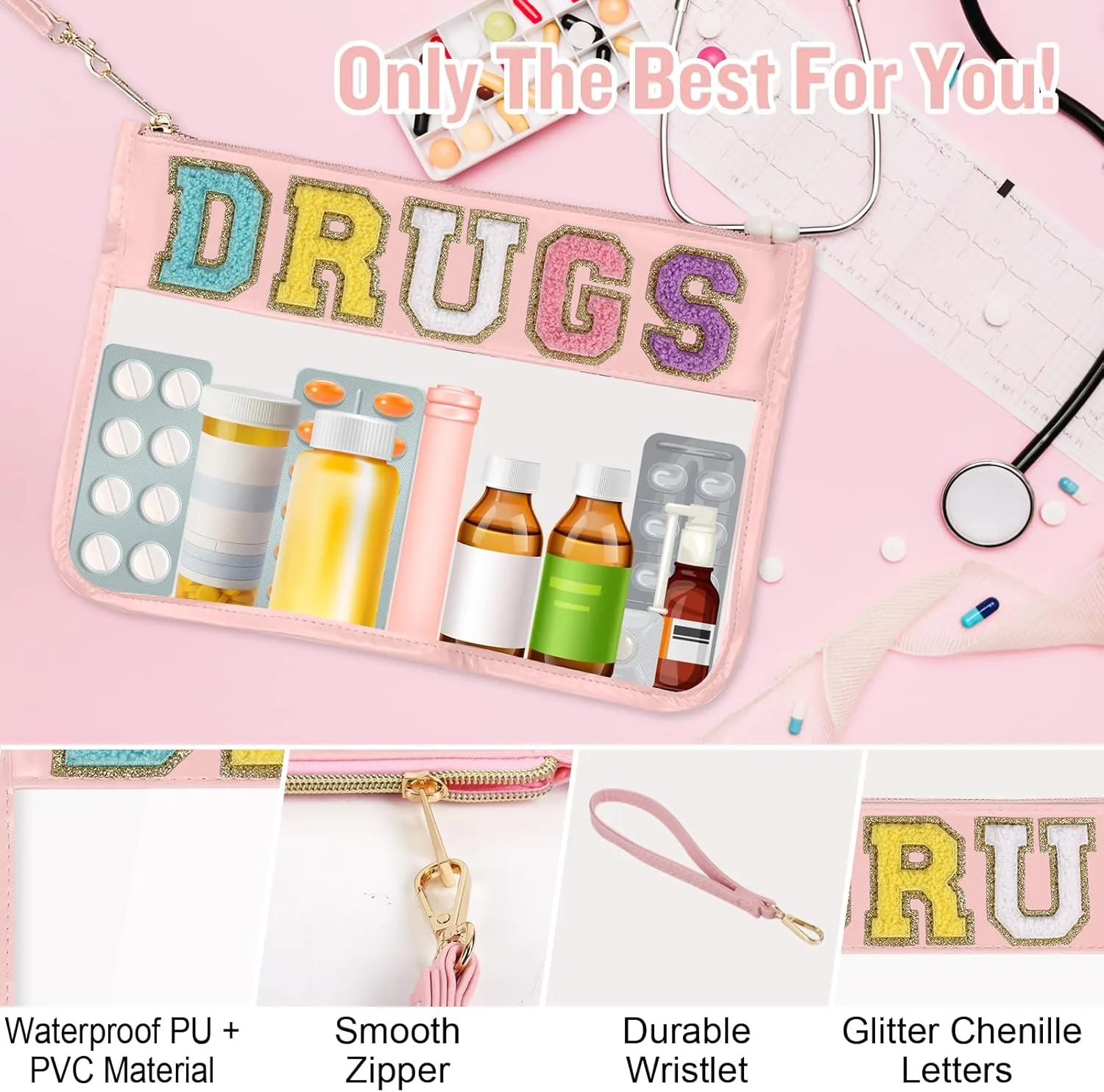 Chenille Letter Clear Bag DRUGS Makeup Pouch, Waterproof Medicine Bag for Traveling Preppy Zipper Pouch with Wristlet, Women Portable Small Cute Glitter Preppy Cosmetic Pouch Toiletry Bag(DRUGS-Pink)