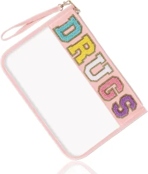 Chenille Letter Clear Bag DRUGS Makeup Pouch, Waterproof Medicine Bag for Traveling Preppy Zipper Pouch with Wristlet, Women Portable Small Cute Glitter Preppy Cosmetic Pouch Toiletry Bag(DRUGS-Pink)