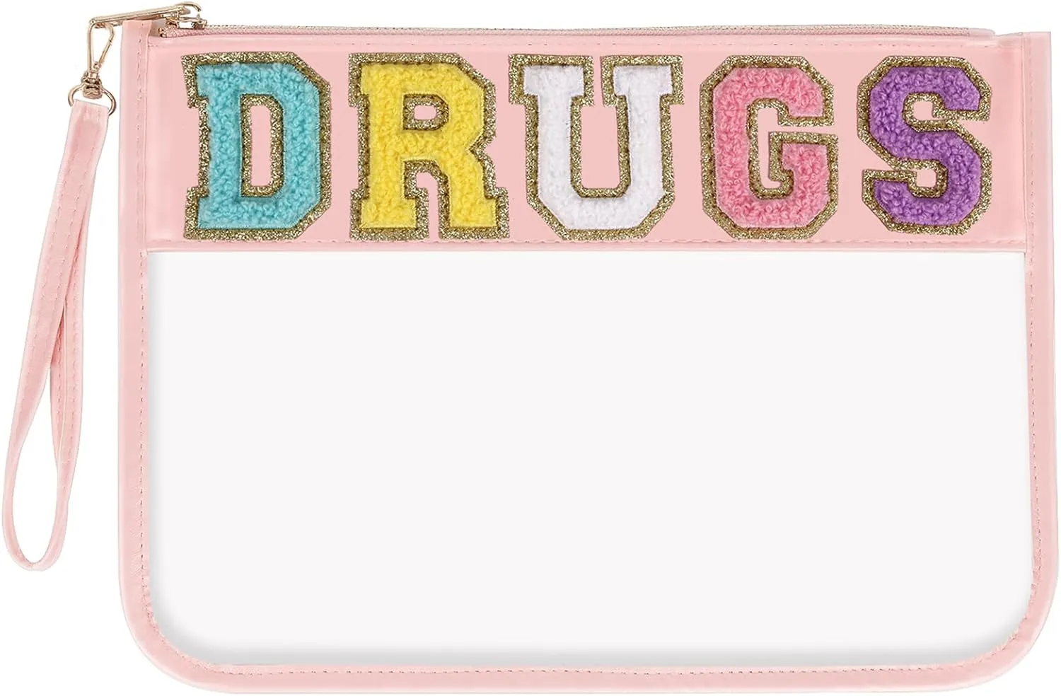 Chenille Letter Clear Bag DRUGS Makeup Pouch, Waterproof Medicine Bag for Traveling Preppy Zipper Pouch with Wristlet, Women Portable Small Cute Glitter Preppy Cosmetic Pouch Toiletry Bag(DRUGS-Pink)