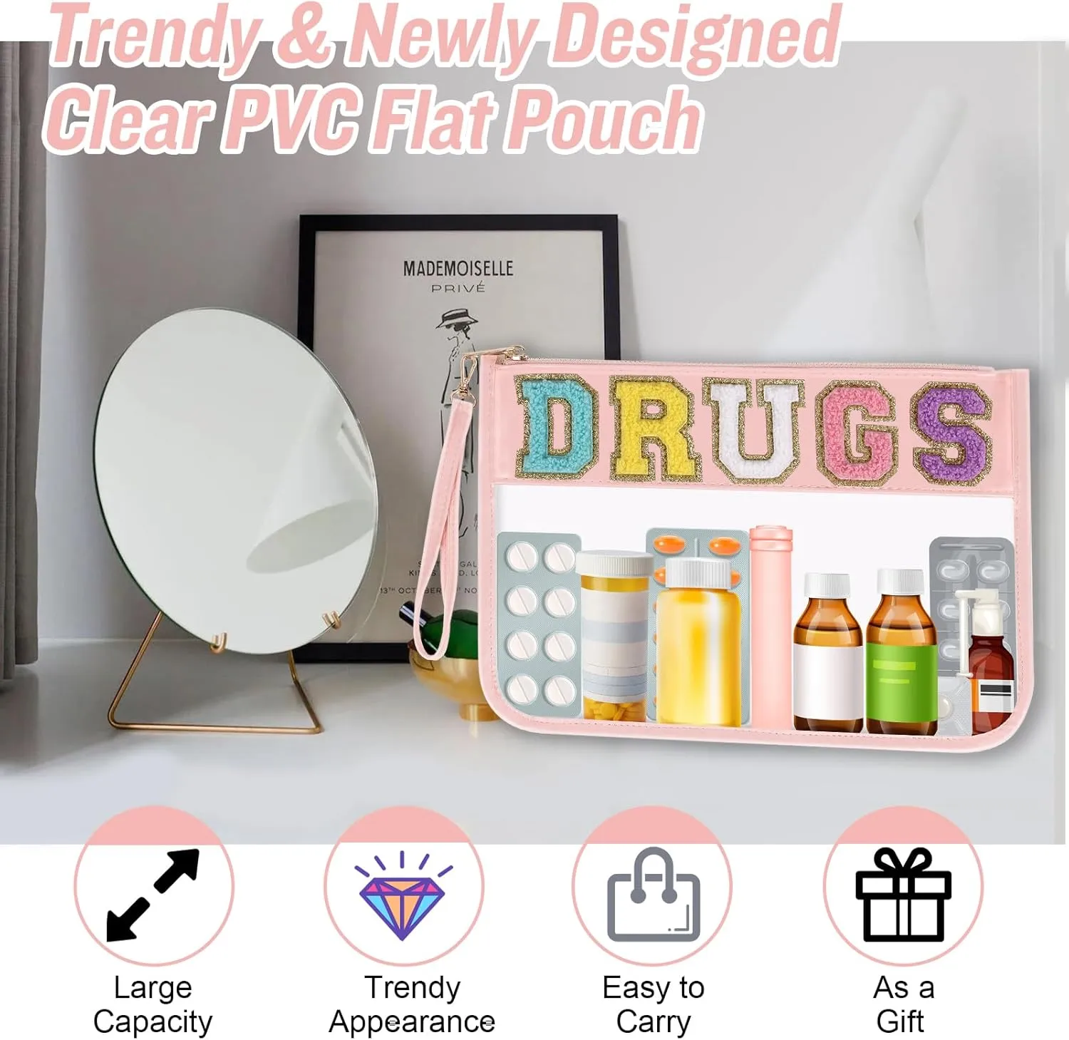 Chenille Letter Clear Bag DRUGS Makeup Pouch, Waterproof Medicine Bag for Traveling Preppy Zipper Pouch with Wristlet, Women Portable Small Cute Glitter Preppy Cosmetic Pouch Toiletry Bag(DRUGS-Pink)