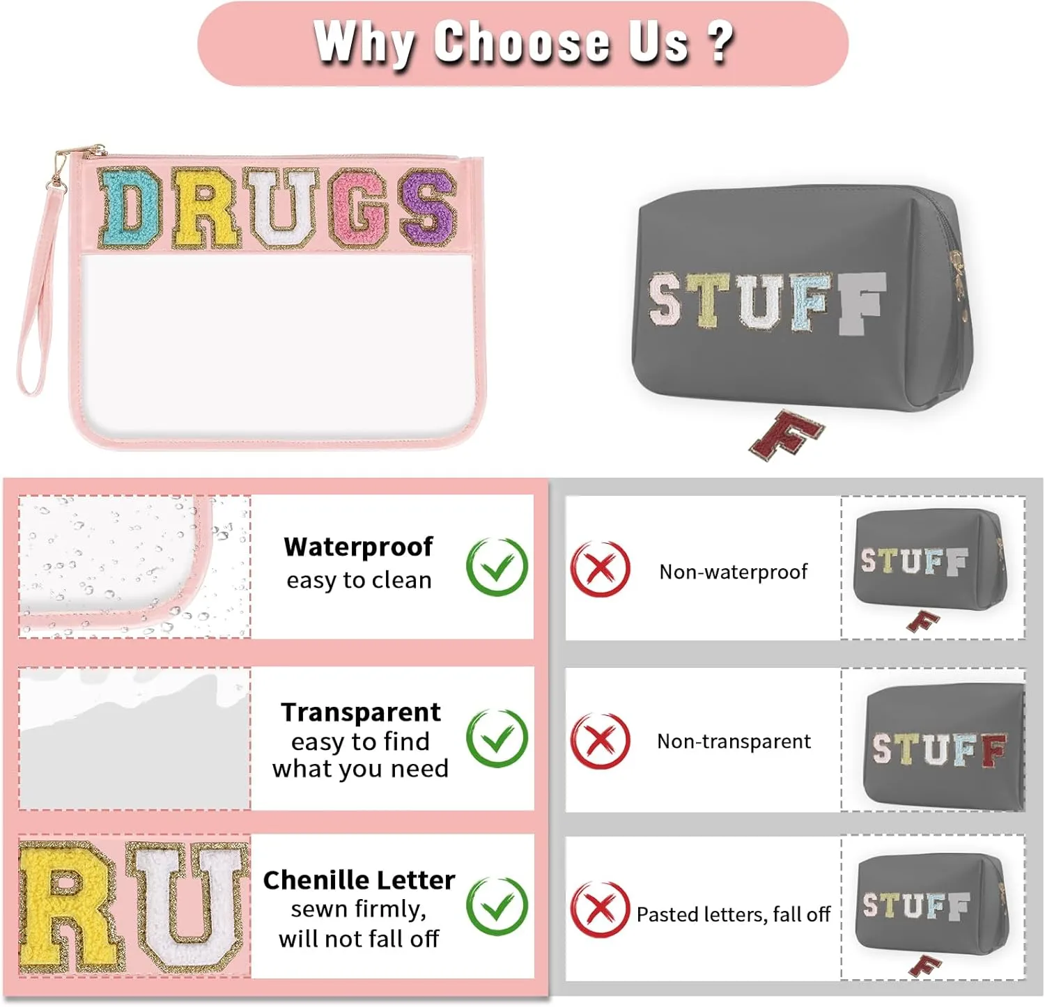 Chenille Letter Clear Bag DRUGS Makeup Pouch, Waterproof Medicine Bag for Traveling Preppy Zipper Pouch with Wristlet, Women Portable Small Cute Glitter Preppy Cosmetic Pouch Toiletry Bag(DRUGS-Pink)