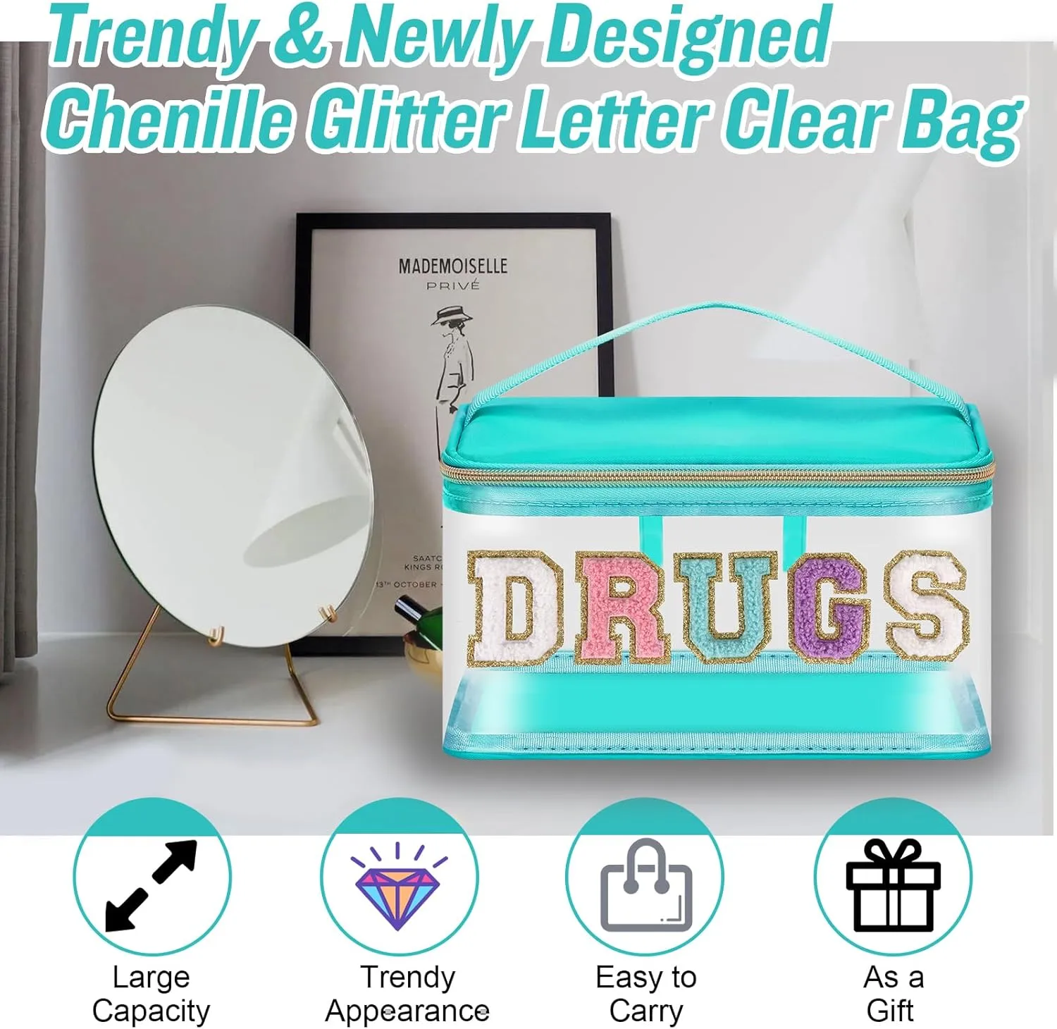 Chenille Letter Clear Makeup Bag DRUGS Pouch, Preppy Cute Small Meds Travel Bag Zipper with Handle, Transparent PVC & Nylon Waterproof Glitter Cosmetic Handbag Toiletry Storage for Women(DRUGS-Green)