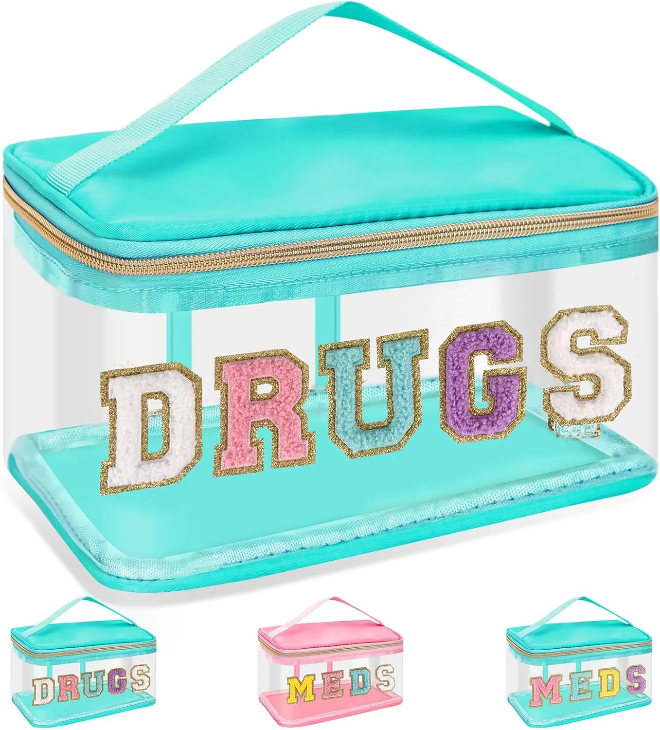 Chenille Letter Clear Makeup Bag DRUGS Pouch, Preppy Cute Small Meds Travel Bag Zipper with Handle, Transparent PVC & Nylon Waterproof Glitter Cosmetic Handbag Toiletry Storage for Women(DRUGS-Green)