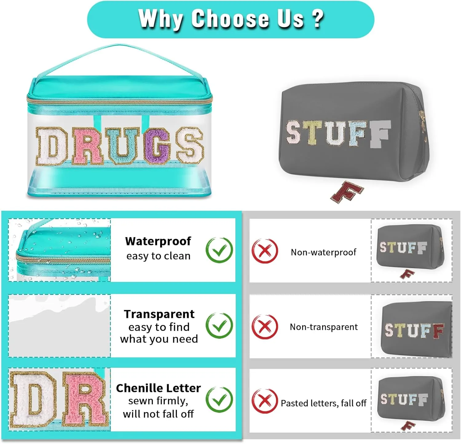 Chenille Letter Clear Makeup Bag DRUGS Pouch, Preppy Cute Small Meds Travel Bag Zipper with Handle, Transparent PVC & Nylon Waterproof Glitter Cosmetic Handbag Toiletry Storage for Women(DRUGS-Green)
