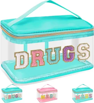Chenille Letter Clear Makeup Bag DRUGS Pouch, Preppy Cute Small Meds Travel Bag Zipper with Handle, Transparent PVC & Nylon Waterproof Glitter Cosmetic Handbag Toiletry Storage for Women(DRUGS-Green)