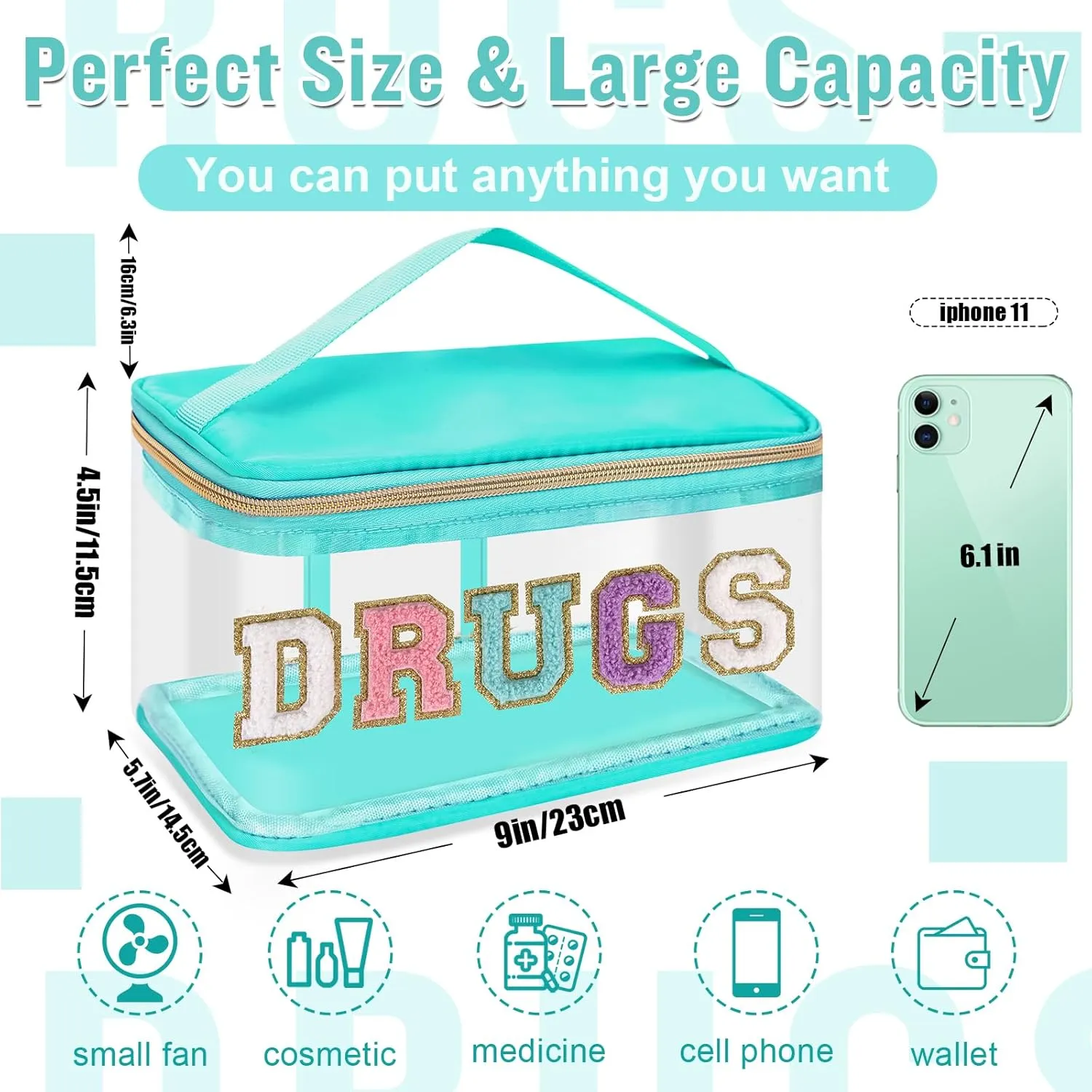Chenille Letter Clear Makeup Bag DRUGS Pouch, Preppy Cute Small Meds Travel Bag Zipper with Handle, Transparent PVC & Nylon Waterproof Glitter Cosmetic Handbag Toiletry Storage for Women(DRUGS-Green)