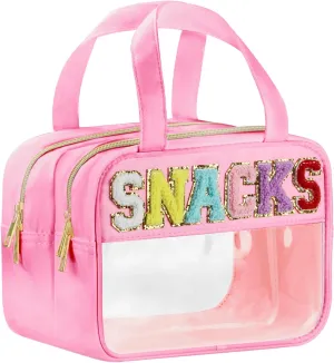 Chenille Letter Clear Makeup Bags, Clear Snacks Bag for Travel, Preppy Patch Nylon Cosmetic Bag with Handles and Zipper, Waterproof Large Clear Travel Toiletry Bag Storage Bag for Women Pink
