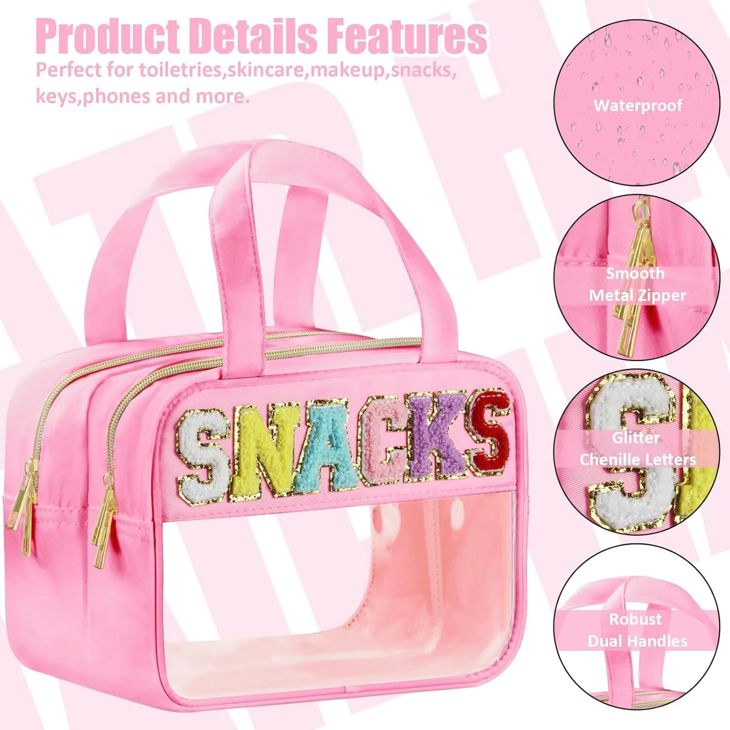 Chenille Letter Clear Makeup Bags, Clear Snacks Bag for Travel, Preppy Patch Nylon Cosmetic Bag with Handles and Zipper, Waterproof Large Clear Travel Toiletry Bag Storage Bag for Women Pink