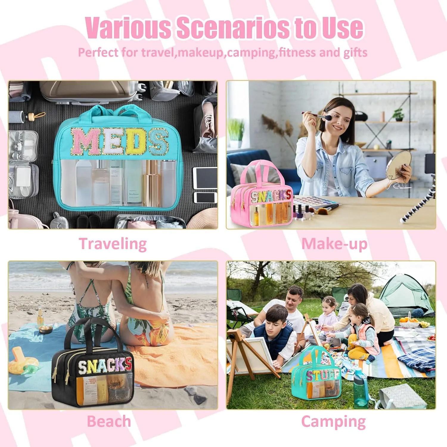 Chenille Letter Clear Makeup Bags, Clear Snacks Bag for Travel, Preppy Patch Nylon Cosmetic Bag with Handles and Zipper, Waterproof Large Clear Travel Toiletry Bag Storage Bag for Women Pink