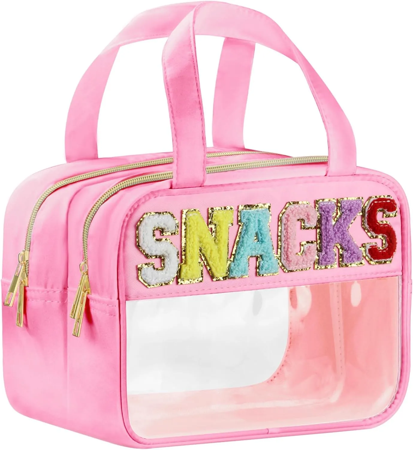 Chenille Letter Clear Makeup Bags, Clear Snacks Bag for Travel, Preppy Patch Nylon Cosmetic Bag with Handles and Zipper, Waterproof Large Clear Travel Toiletry Bag Storage Bag for Women Pink