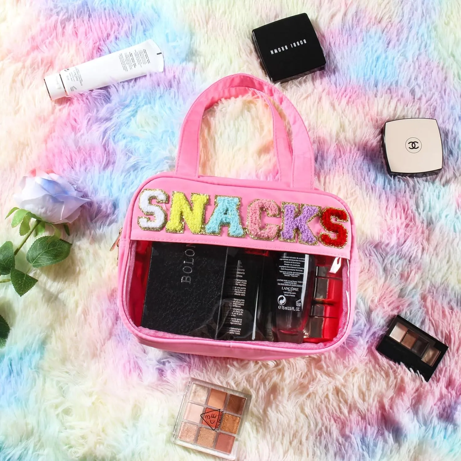 Chenille Letter Clear Makeup Bags, Clear Snacks Bag for Travel, Preppy Patch Nylon Cosmetic Bag with Handles and Zipper, Waterproof Large Clear Travel Toiletry Bag Storage Bag for Women Pink