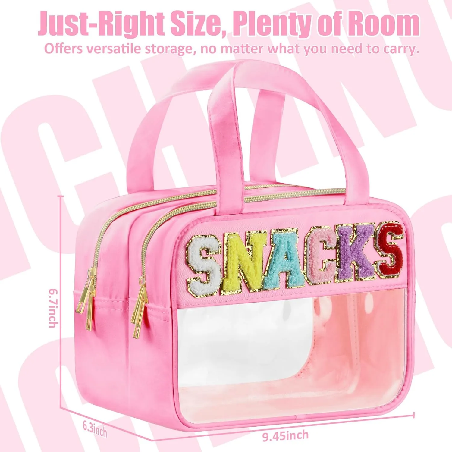 Chenille Letter Clear Makeup Bags, Clear Snacks Bag for Travel, Preppy Patch Nylon Cosmetic Bag with Handles and Zipper, Waterproof Large Clear Travel Toiletry Bag Storage Bag for Women Pink