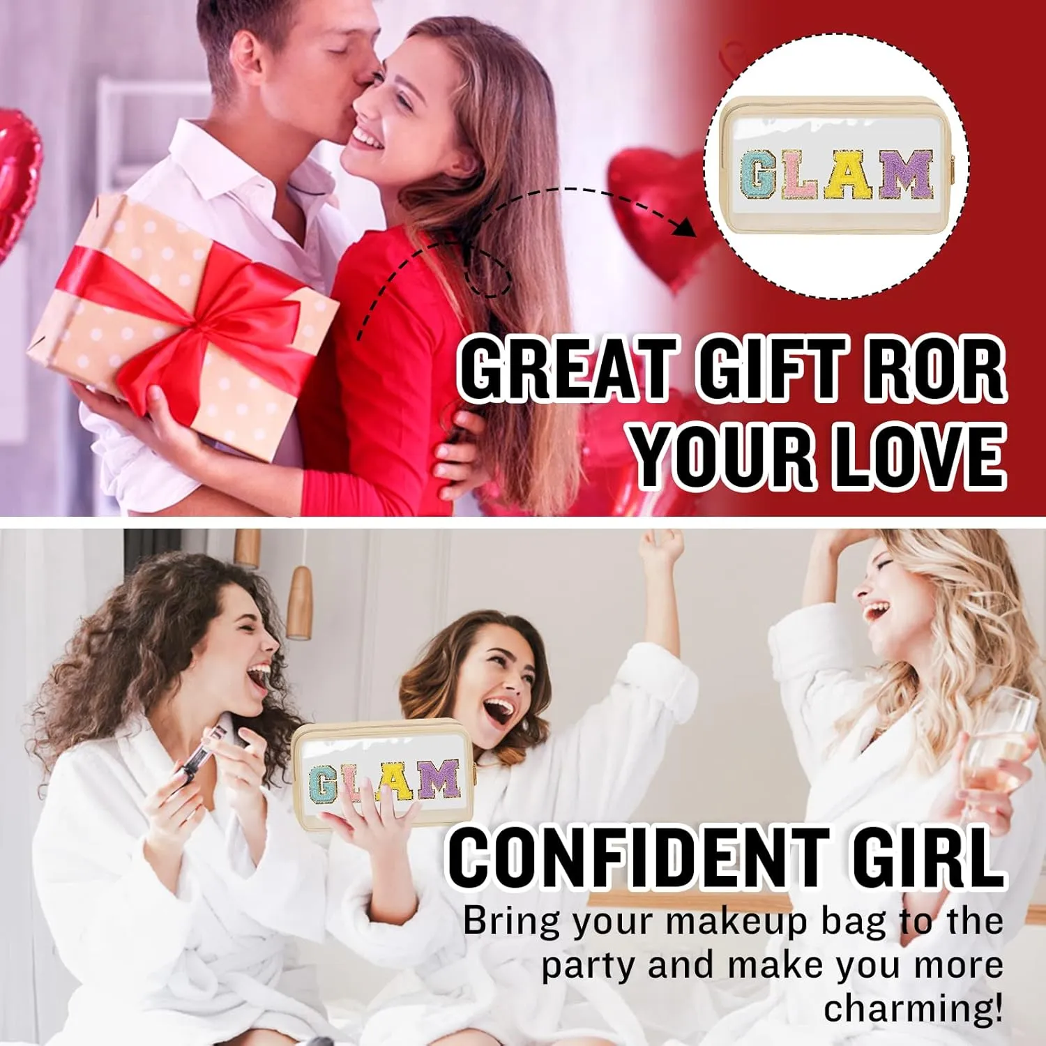 Chenille Letter Clear Makeup Bags Glam Pouch, Preppy Patch Makeup Bag with Zipper, Transparent PVC & Nylon Waterproof Portable Glitter Cosmetic Bag Travel Toiletry Storage for Women Girls(GLAM-Beige)