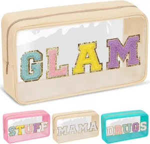 Chenille Letter Clear Makeup Bags Glam Pouch, Preppy Patch Makeup Bag with Zipper, Transparent PVC & Nylon Waterproof Portable Glitter Cosmetic Bag Travel Toiletry Storage for Women Girls(GLAM-Beige)