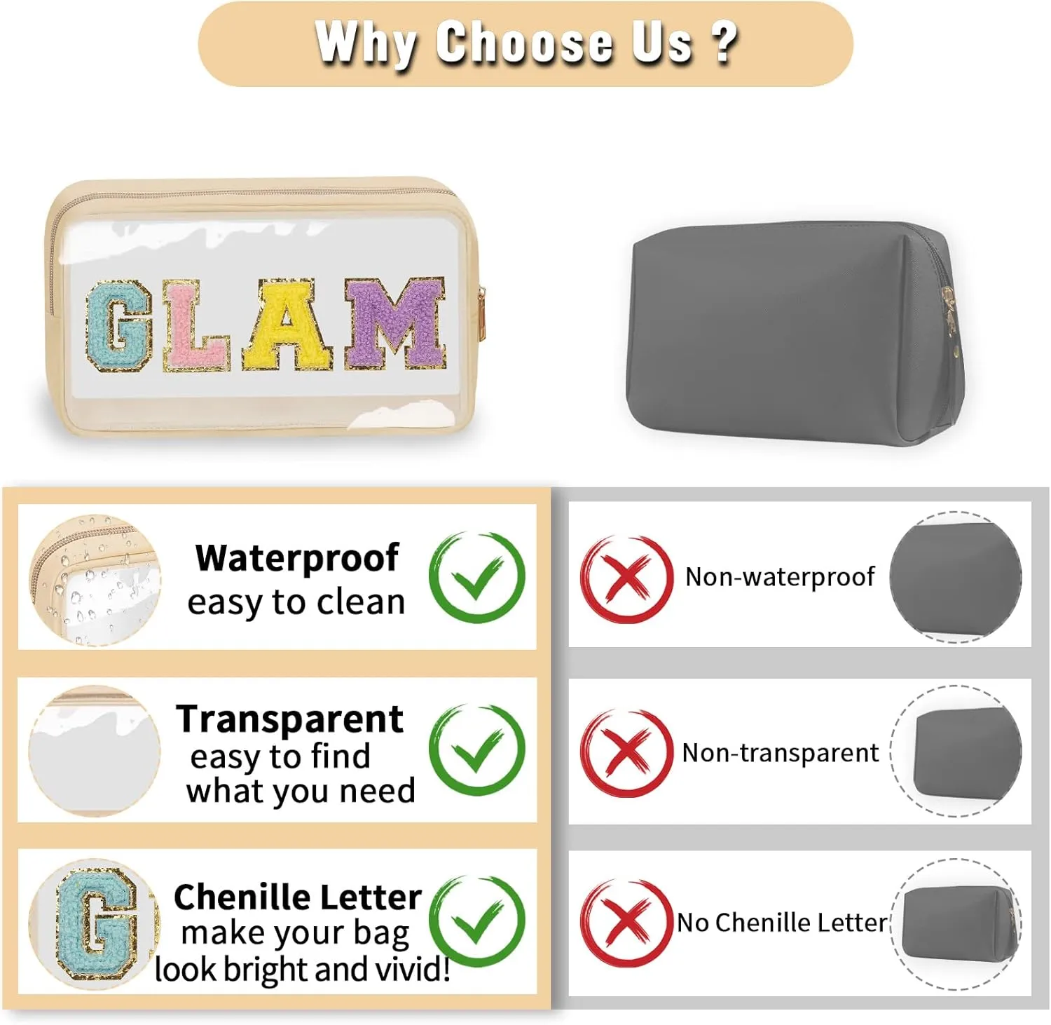 Chenille Letter Clear Makeup Bags Glam Pouch, Preppy Patch Makeup Bag with Zipper, Transparent PVC & Nylon Waterproof Portable Glitter Cosmetic Bag Travel Toiletry Storage for Women Girls(GLAM-Beige)