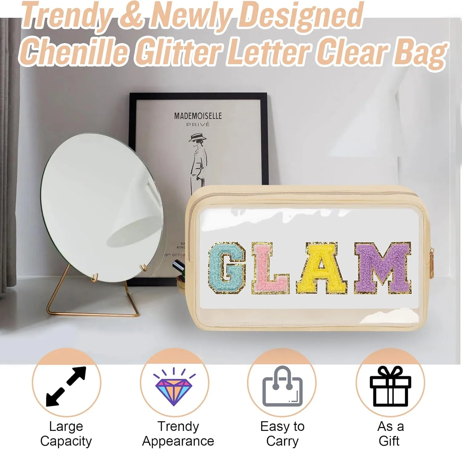 Chenille Letter Clear Makeup Bags Glam Pouch, Preppy Patch Makeup Bag with Zipper, Transparent PVC & Nylon Waterproof Portable Glitter Cosmetic Bag Travel Toiletry Storage for Women Girls(GLAM-Beige)