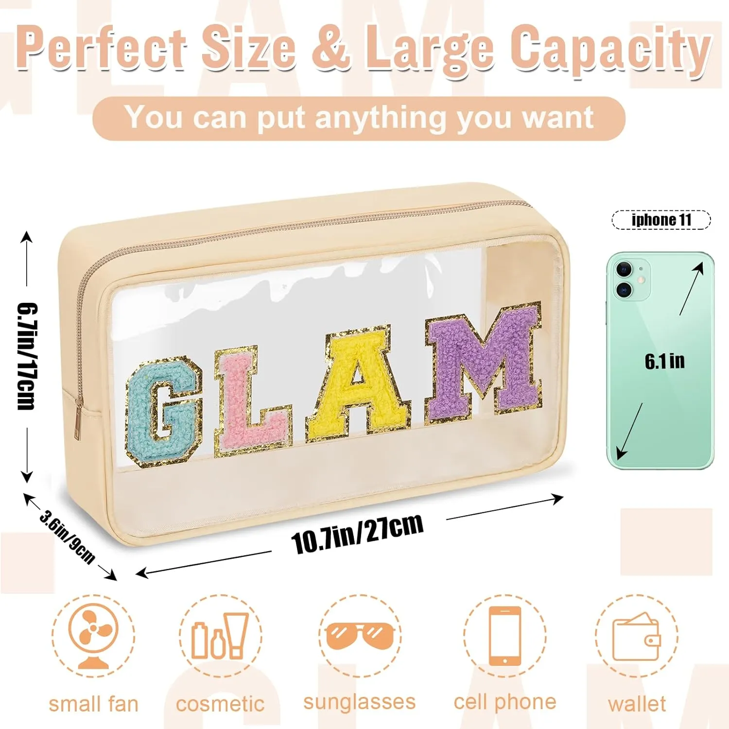 Chenille Letter Clear Makeup Bags Glam Pouch, Preppy Patch Makeup Bag with Zipper, Transparent PVC & Nylon Waterproof Portable Glitter Cosmetic Bag Travel Toiletry Storage for Women Girls(GLAM-Beige)