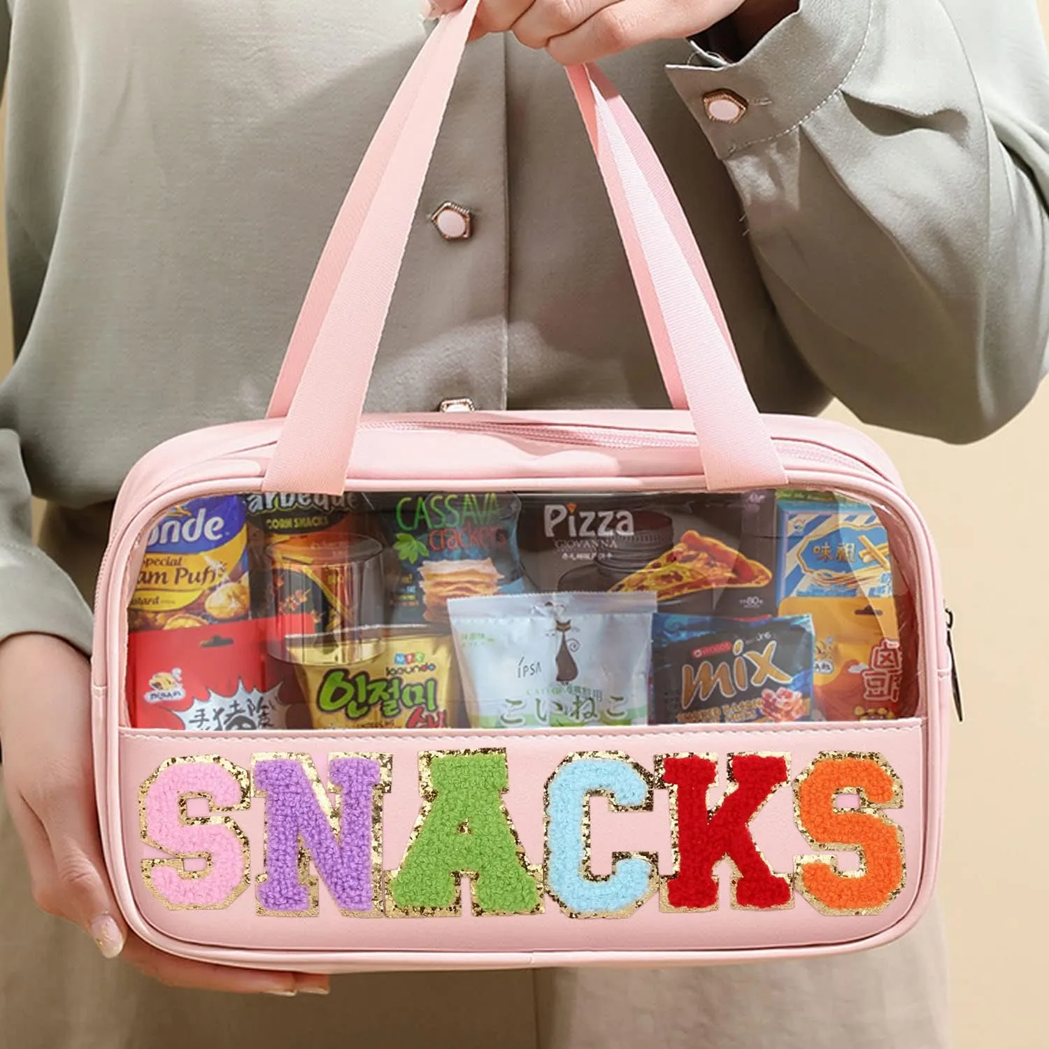 Chenille Letter Clear PVC And PU leather Large Travel Cosmetic Toiletry Storage Bag Waterproof Makeup Tote Bag Organizer Bag for Women(SNACKS-Pink)