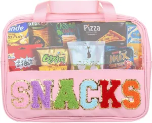 Chenille Letter Clear PVC And PU leather Large Travel Cosmetic Toiletry Storage Bag Waterproof Makeup Tote Bag Organizer Bag for Women(SNACKS-Pink)
