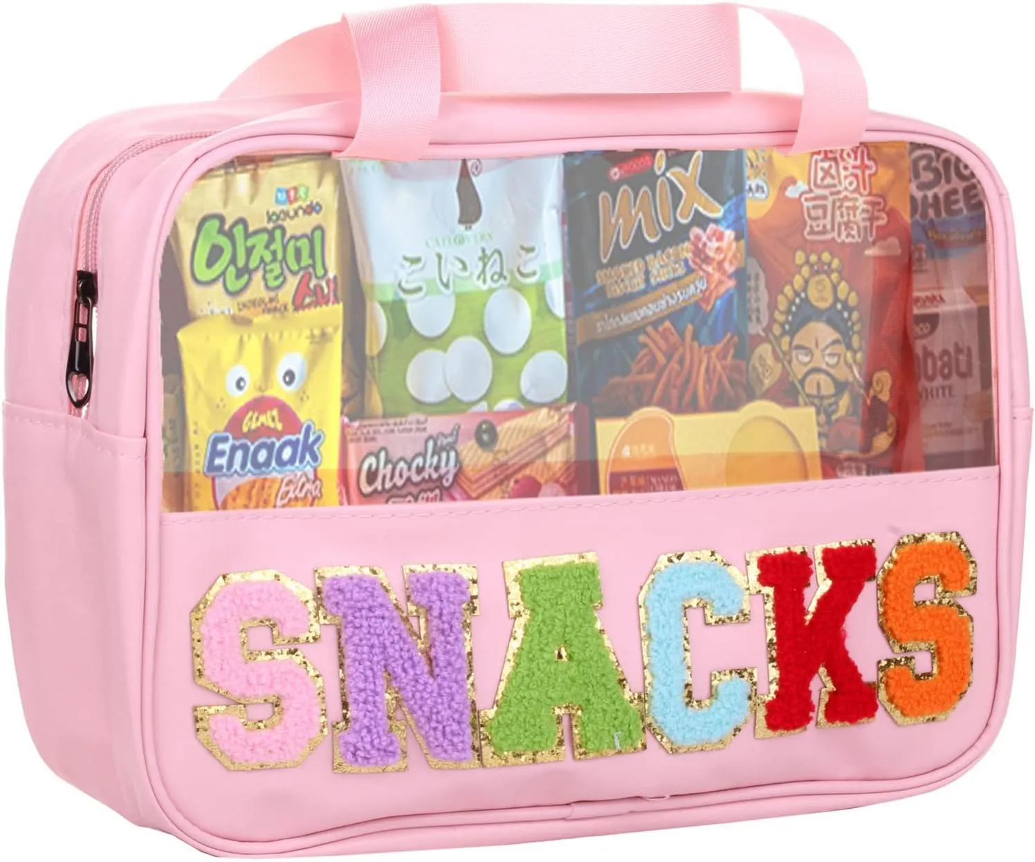 Chenille Letter Clear PVC And PU leather Large Travel Cosmetic Toiletry Storage Bag Waterproof Makeup Tote Bag Organizer Bag for Women(SNACKS-Pink)