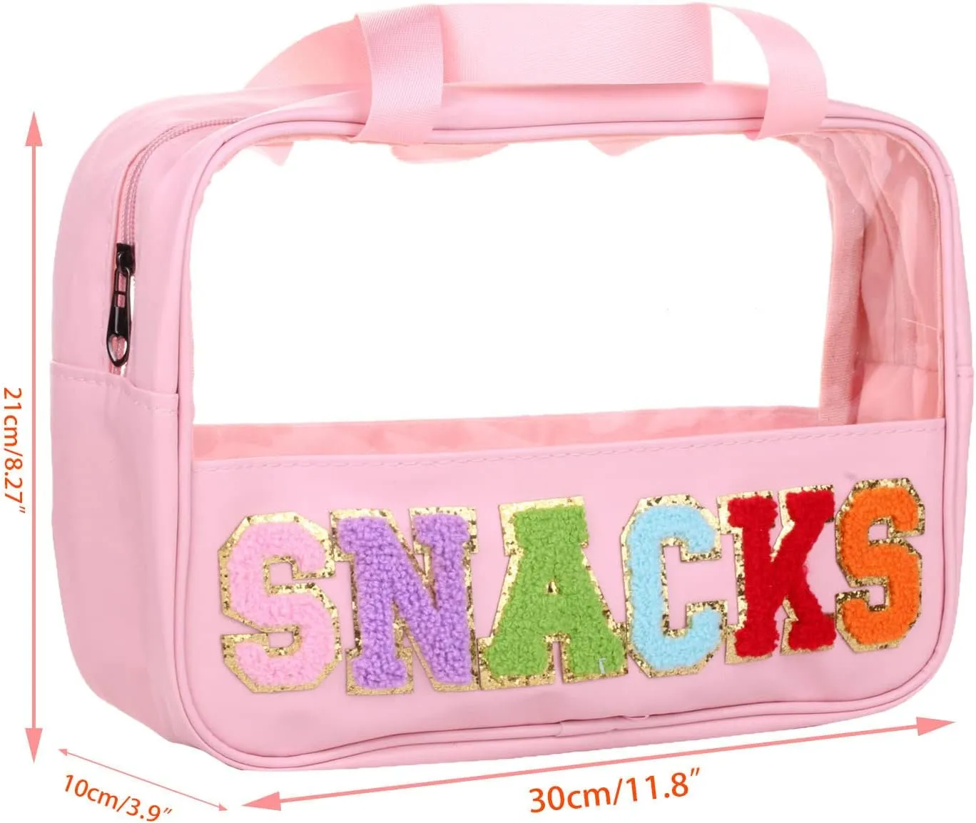 Chenille Letter Clear PVC And PU leather Large Travel Cosmetic Toiletry Storage Bag Waterproof Makeup Tote Bag Organizer Bag for Women(SNACKS-Pink)