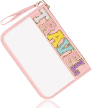 Chenille Letter Clear Travel Bags Purse Pouch, Monogram PVC & PU Clear Zipper Pouch with Wristlet, Waterproof Portable Glitter Snacks Makeup Beach Pouch Toiletry Bag for Women Girls (TRAVEL-Beige)